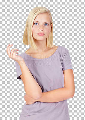 Buy stock photo Woman, portrait or attitude pose in serious, assertive or confidence facial expression. Model, young person and casual fashion clothes with style and beauty isolated on a transparent png background