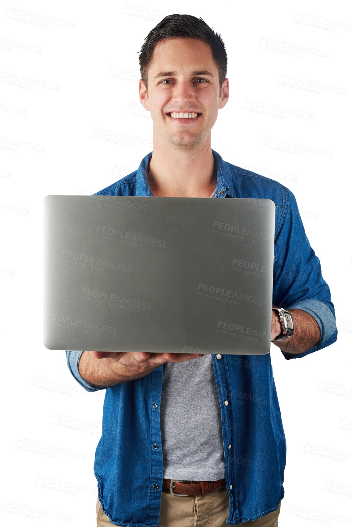 Buy stock photo Happy, smile and laptop with portrait of man on png background for email, internet and connection. Communication, technology and online with male isolated on transparent for website, blog or research