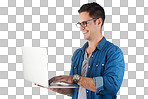 Studio, laptop and business man with glasses reading news, online website or social media isolated on a png background. Digital technology, software and email marketing of employee, worker or user