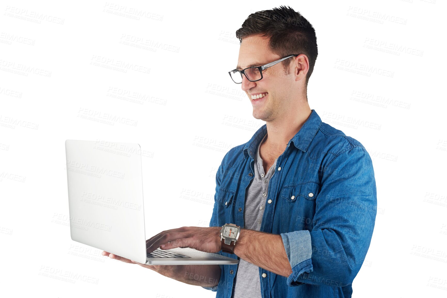 Buy stock photo Happy, smile and laptop with man on png background for creative, internet or connection. Web design, technology and online with male freelancer isolated on transparent for website, blogger or search