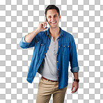 Phone call, happy and portrait of a man in a studio with a casual, stylish and cool outfit. Communication, smile and male model from Canada on a mobile conversation isolated on a png background