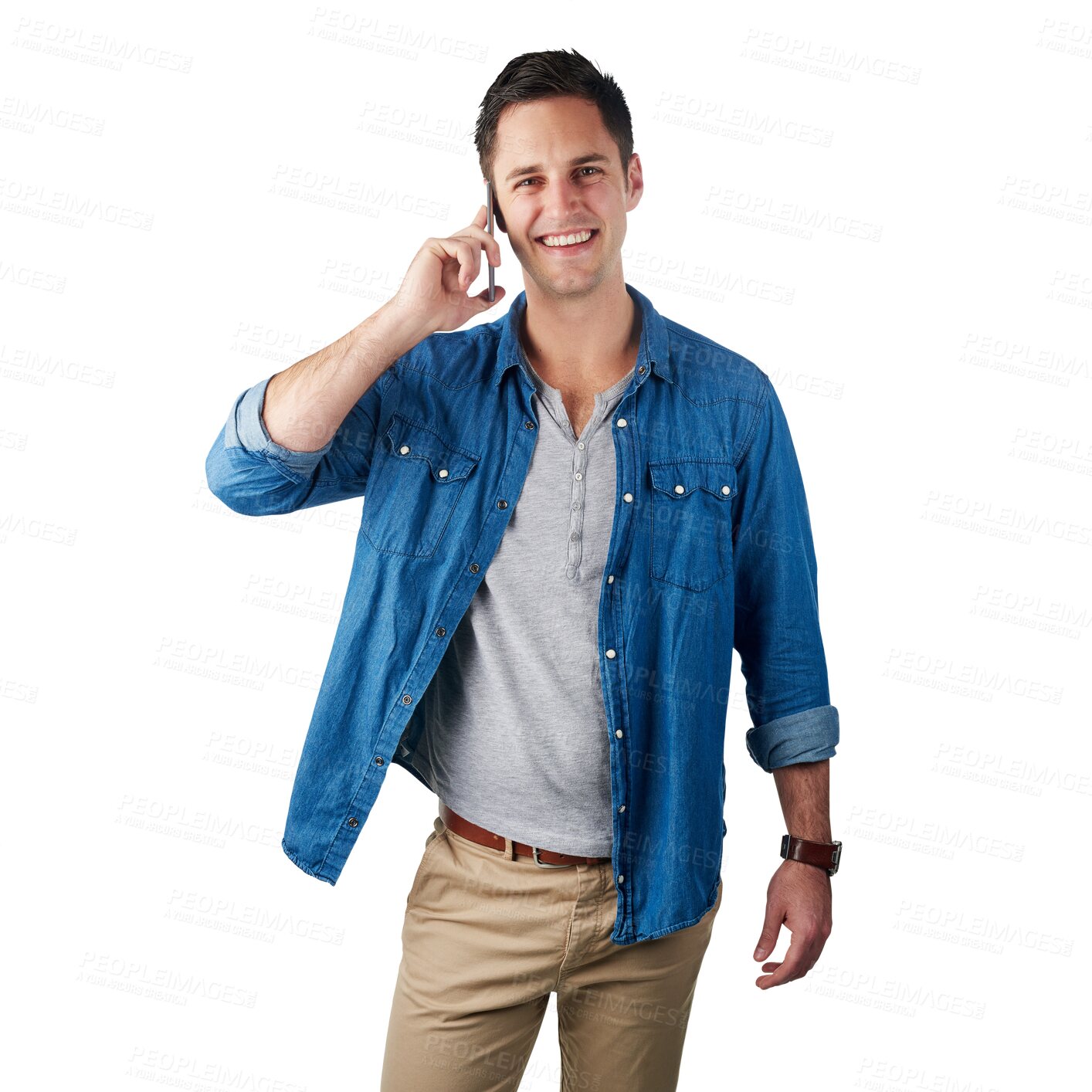 Buy stock photo Phone call, happy and portrait of man on png background for communication, connection or chatting. Smile, happiness and technology with male isolated on transparent for conversation, media and mobile