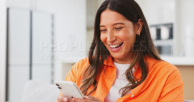 Phone, online and woman relax texting in a home, house or apartment and laughing at funny internet meme on social media. Smile, happy and chatting on mobile communication app using smartphone