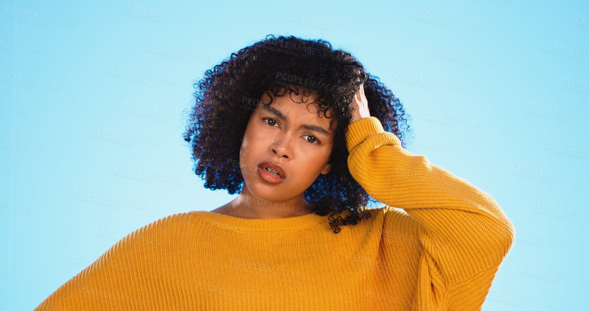 Buy stock photo Woman is confused, doubt on face and thinking, decision or choice with uncertainty isolated on blue background. Model with why expression, puzzled with questions and problem solving fail in studio