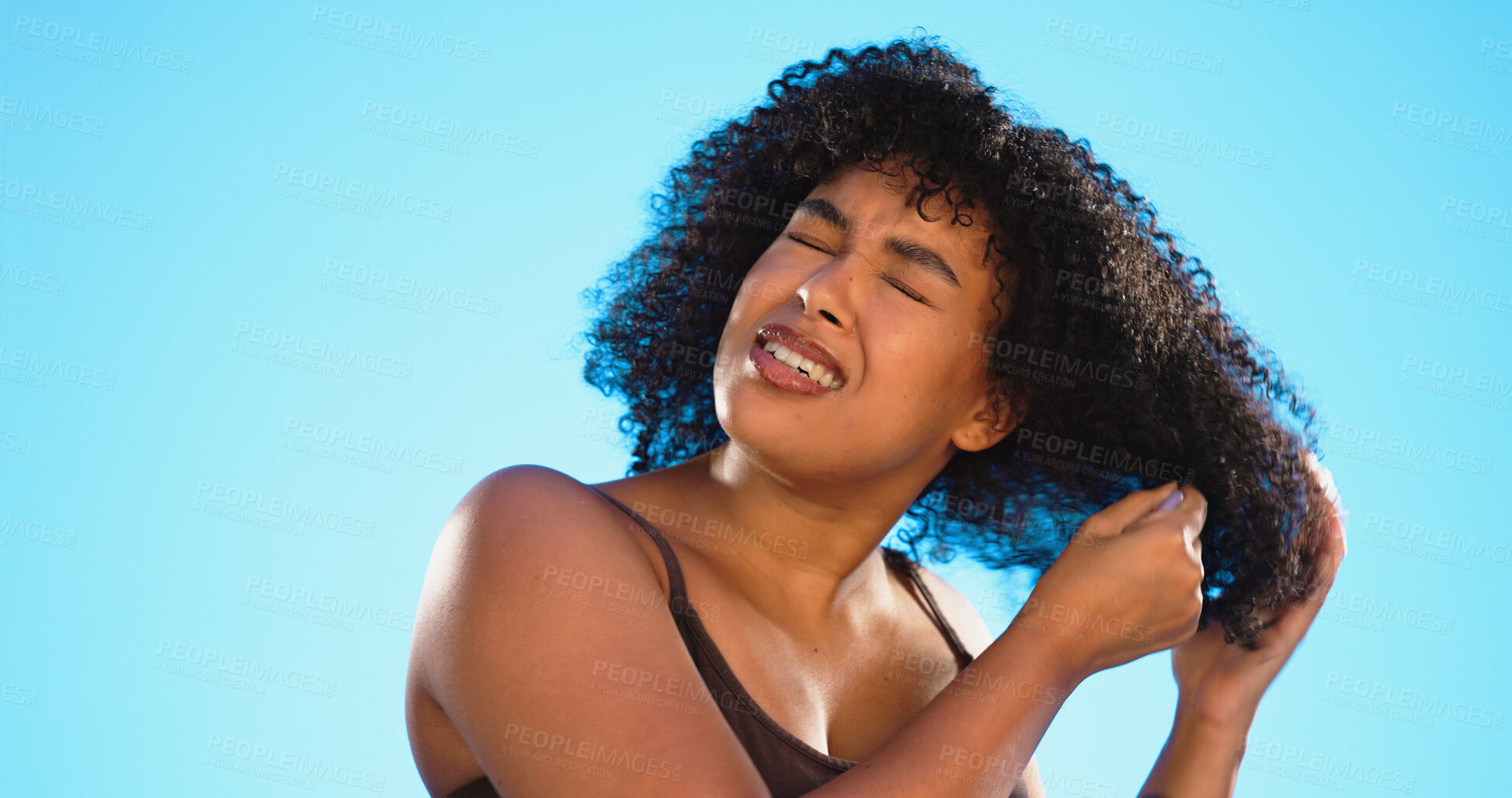 Buy stock photo Hair, brush and black woman care for knot in afro and frustrated with comb on blue background in studio. Haircare, problem and hairdresser grooming hairstyle with frizz, damage and cosmetics in salon