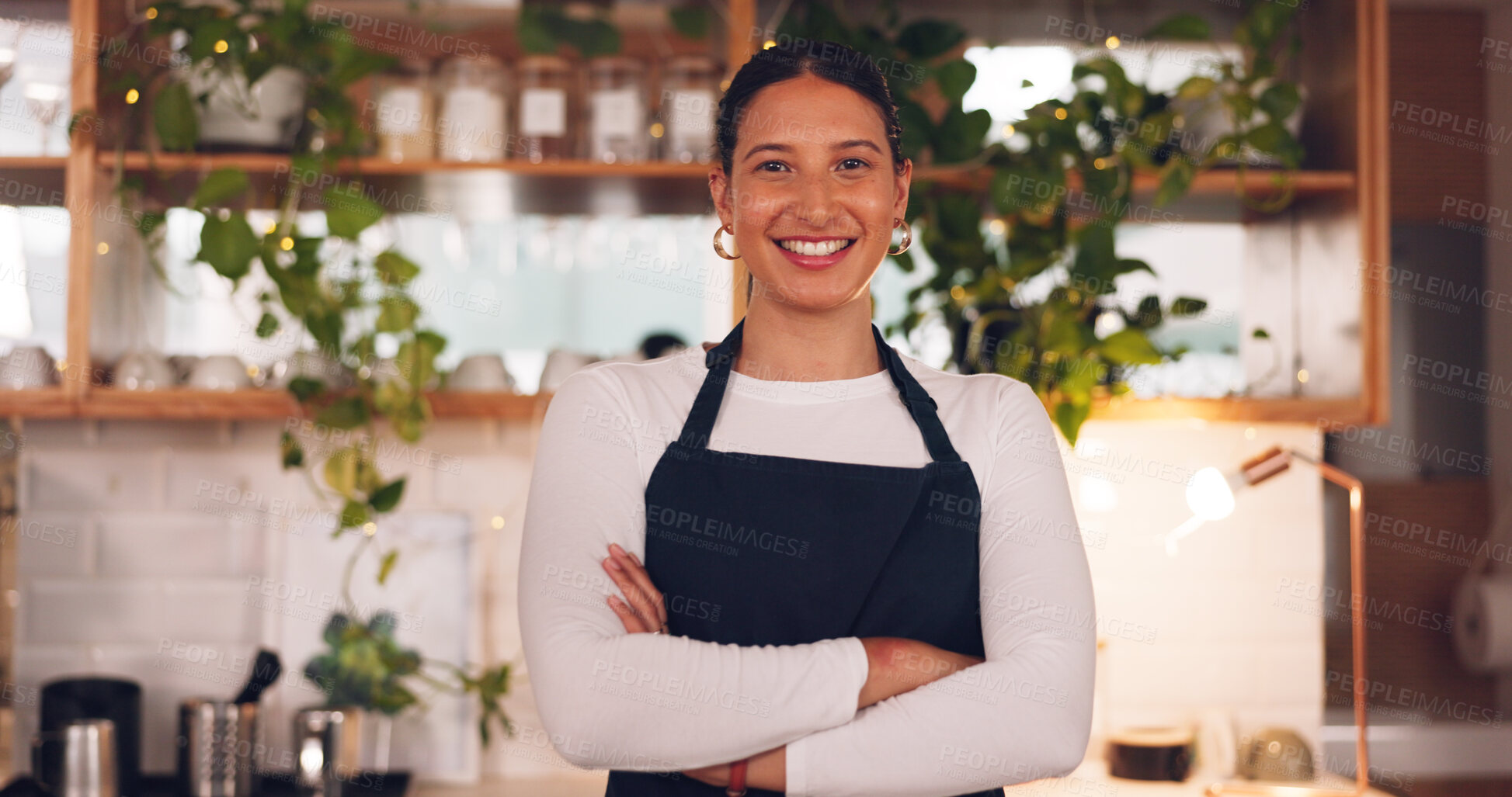 Buy stock photo Face, happy woman or barista in cafe with arms crossed, smile or confidence in small business. Female waitress, employee portrait or proud lady entrepreneur in coffee shop or restaurant for service