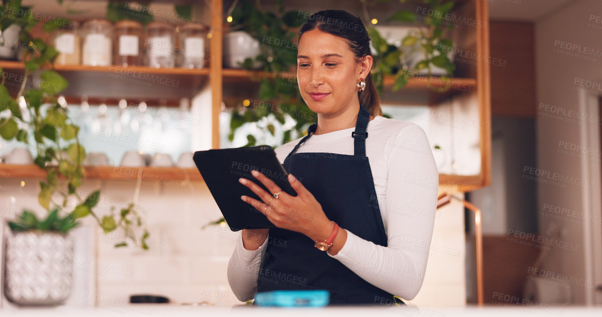 Buy stock photo Cafe, woman and business owner on tablet for restaurant sales, online profit or e commerce inventory in store. Entrepreneur, waitress or barista on digital technology for coffee shop or startup