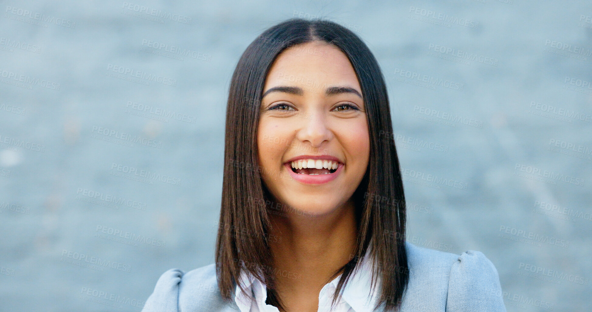 Buy stock photo Portrait, woman and  laughing on a wall in the city for work, confidence or corporate joke. Happy, employee and a worker with fun and expression of positivity and a playful attitude for a job