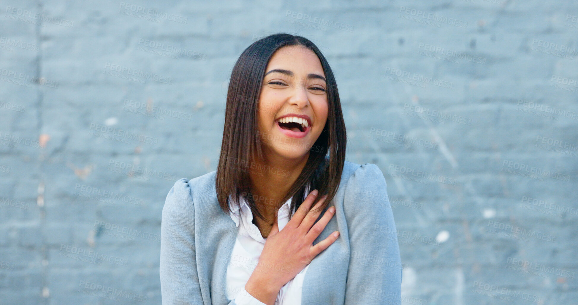 Buy stock photo Business woman, laughing and portrait in the city with work commute and travel with a smile. Happy, female professional and funny joke at a urban wall outdoor with worker and comedy of an employee