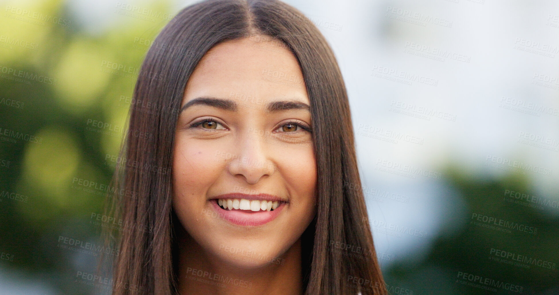 Buy stock photo Portrait, happy and a woman in the city for travel, work or relax with confidence. Young, stylish and face or headshot of a girl or person in town for the weekend, outdoor break or urban morning