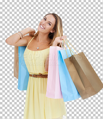 Buy stock photo Shopping, bag and happy with portrait of woman on png background for discount, sale or luxury. Bargain, rich and fashion with female isolated on transparent with purchase for offer, present or retail