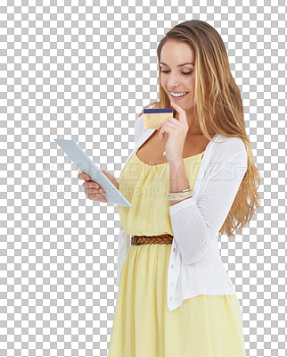Buy stock photo Credit card, woman and tablet payment of a model happy about a deal, sale and price list. Retail, ecommerce of a person doing online shopping with tech isolated on a transparent, png background