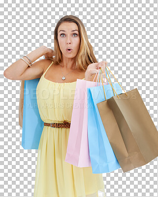 Buy stock photo Shopping, bag and shocked with portrait of woman on png background for discount, sale or luxury. Bargain, rich and fashion with female isolated on transparent for offer, present and boutique purchase