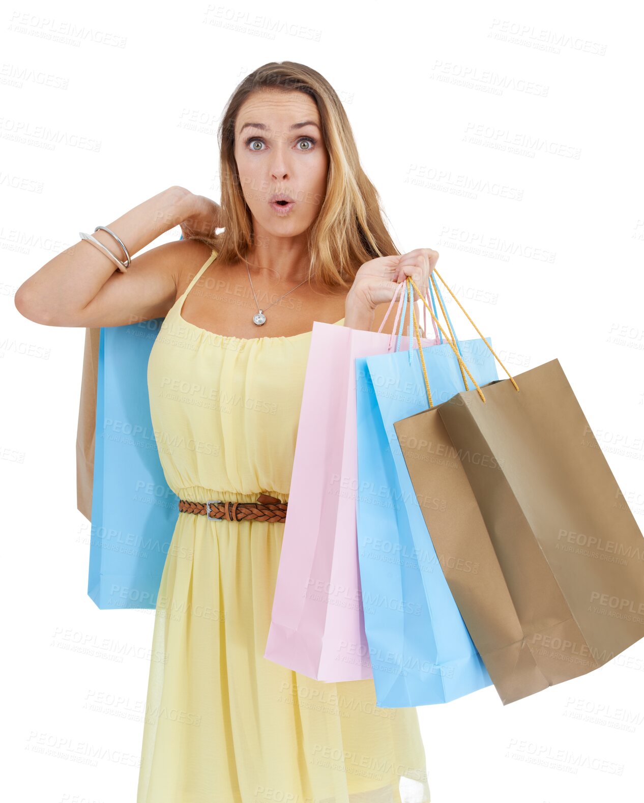 Buy stock photo Shopping, bag and shocked with portrait of woman on png background for discount, sale or luxury. Bargain, rich and fashion with female isolated on transparent for offer, present and boutique purchase