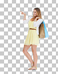 Shopping, isolated on a png background and woman pointing for marketing, promotion or advertising sale or discount deal. Shopping bag, wealth and rich customer with product placement in studio mockup space