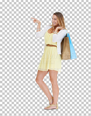 Fashion, shopping bags and portrait of woman isolated on a png background  in retail, designer clothes and cosmetics. Shopping, advertising and full  body of girl excited for promotion deal, sale and discount