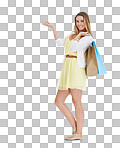 Shopping bag, studio and woman with space gesture for marketing or advertising sale mockup. Shopping, brand and customer show hand sign of summer deal or fashion discount isolated on a png background