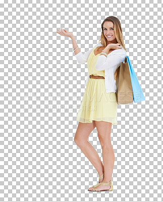 Buy stock photo Fashion, shopping and portrait of woman for product placement on isolated, png and transparent background. Information, advertising and excited girl with bags for discount, retail deal and promotion