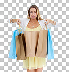 Woman, shopping and oops with bags in studio portrait with expenses, surprise and isolated on a png background Model, shopping bags and isolated regret for fashion, sale and discount for spending shopaholic