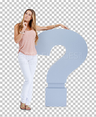 Thinking, question mark and woman with sign for decision, ideas or problem solving. Confused, question and doubt of model with why icon, font or cardboard for solution isolated on a png background
