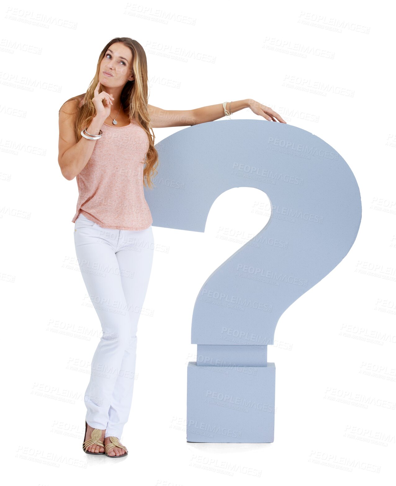 Buy stock photo Thinking, question mark and woman with sign for decision, ideas or problem solving. Confused, choice and doubt of female model with why emoji and icon isolated on a transparent, png background