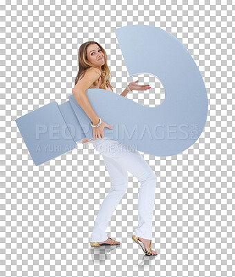Question mark, thinking and woman with sign for decision, ideas and problem solving on mockup. Confused, question and doubt of a model with why icon, font or cardboard for solution isolated on a png background