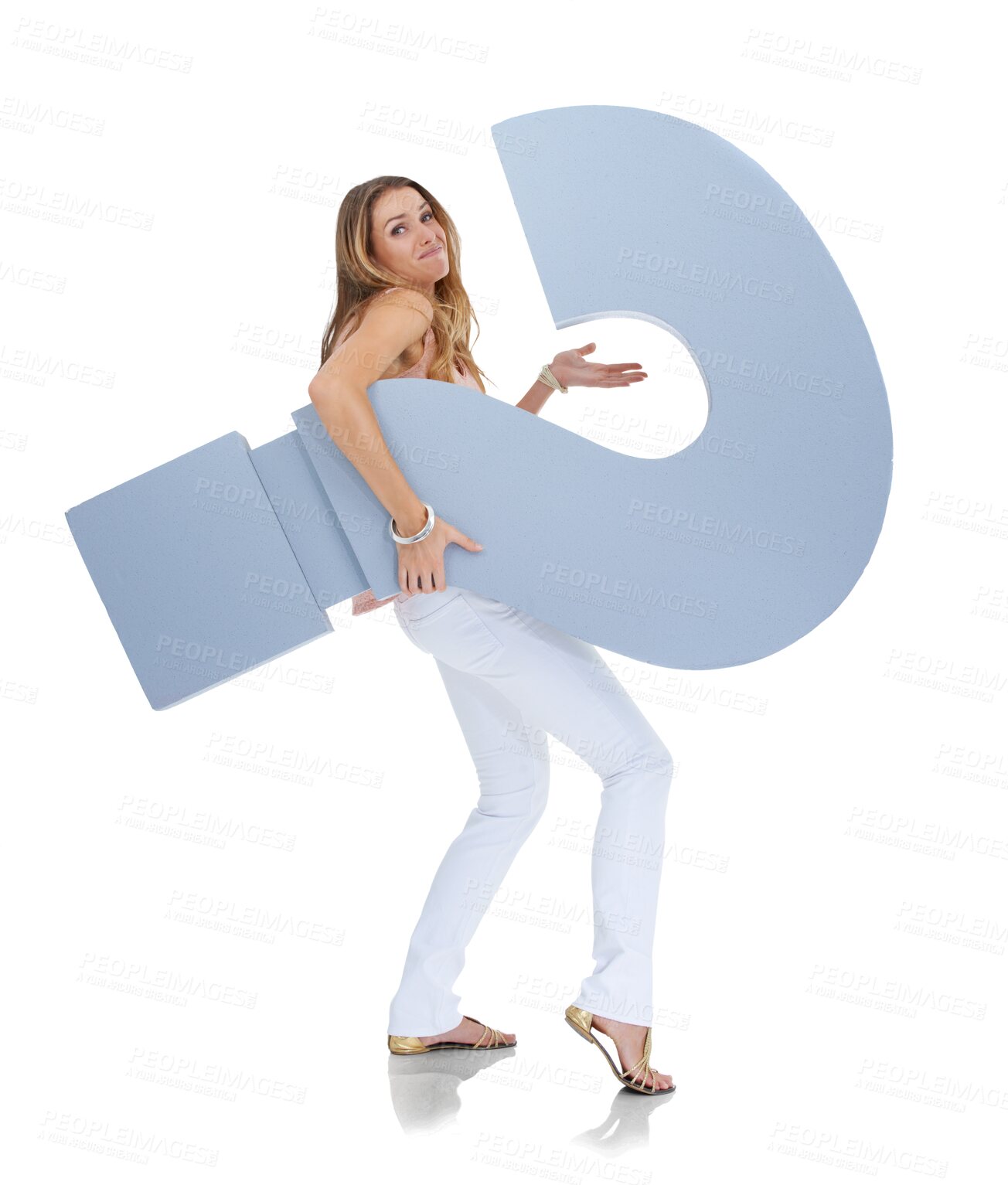 Buy stock photo Question mark, thinking and woman with sign for decision, ideas or problem solving on mockup. Confused, doubt or clueless model with why icon, font or cardboard isolated on transparent png background