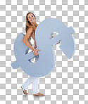 Woman, dollar sign and studio for saving, money goals or investment in stock market for future. Financial dream, planning or focus for isolated model with smile for finance profit isolated on a png background