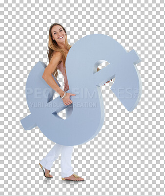 Buy stock photo Woman, dollar sign and portrait for saving, money icon or investment in stock market for future. Financial, emoji or happiness of female holding cash cutout isolated on a transparent, png background