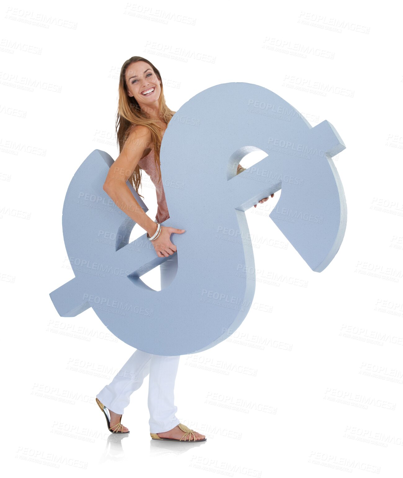 Buy stock photo Woman, dollar sign and portrait for saving, money icon or investment in stock market for future. Financial, emoji or happiness of female holding cash cutout isolated on a transparent, png background