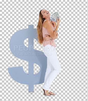 Money, dollars and woman with cash with happiness in finance, savings with banking against isolated on a png background. Financial happy woman, bonus and winning lotto with profit in wealth and investment