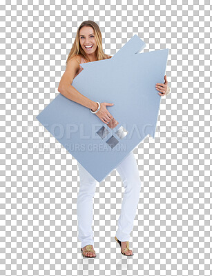 Woman, happy portrait and house cutout for real estate, property investment and house vision in studio. Realtor winner, home loan approval and and property management agreement in isolated on a png background