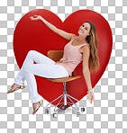 Portrait, studio and woman on chair by big heart isolated on a png background. Beauty, love and happy female model sitting near symbol for romance, affection or romantic emoji, care or empathy.