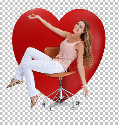 Buy stock photo Portrait, woman and chair by big heart isolated on a transparent png background. Beauty, love and happy female model sitting near symbol for romance, affection or romantic emoji, care or empathy