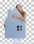 Woman, studio and house cutout with smile, success and hug for real estate by isolated on a png background. Isolated model, cardboard home poster and happiness for property, investment and idea of new home