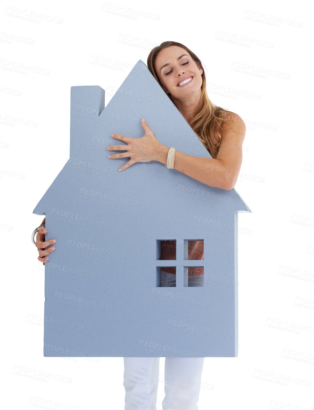 Buy stock photo Woman, happy smile and house cutout hug for real estate, household investment and vision. Realtor winner, home loan approval and property agreement isolated on a transparent, png background