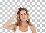 Thinking, confused and woman scratching her head in doubt  and confusion. Idea, hair scratch and difficult choice for model in studio with frustrated expression on face isolated on a png background