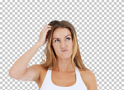 Buy stock photo Thinking, confused and woman scratching her head in doubt  and confusion. Idea, hair scratch and difficult choice for model with frustrated expression on face isolated on transparent, png background