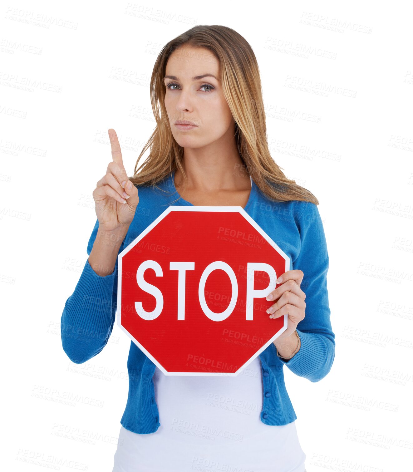 Buy stock photo Woman portrait, stop sign and hold icon and finger pointing for serious, assertive or angry face. Activist, protest and gender equality support and fight isolated on a transparent, png background