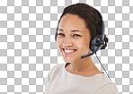 Crm, customer service and black woman portrait for contact us call center with a happy smile.woman employee with headset ready for customer support work isolated on a png background