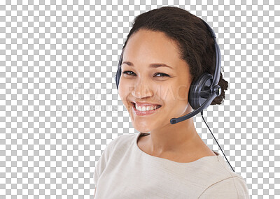 Buy stock photo Call center, headset and portrait of woman on isolated, png and transparent background. Business face, communication and mic for happy female worker for consulting, customer service and crm support