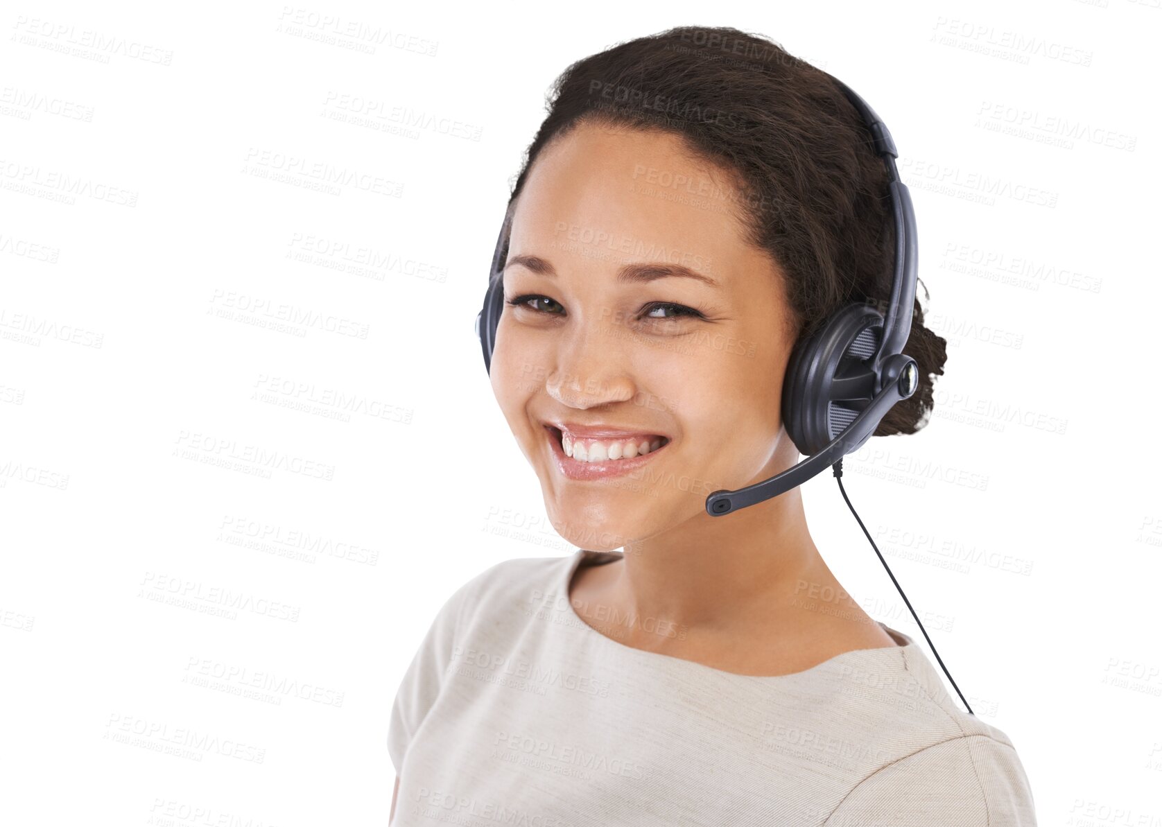 Buy stock photo Call center, headset and portrait of woman on isolated, png and transparent background. Business face, communication and mic for happy female worker for consulting, customer service and crm support