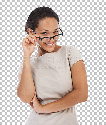 Portrait, business and black woman with glasses, smile and ceo. Female employee, lady and entrepreneur with eyewear, clear vision and corporate success on backdrop isolated on a png background