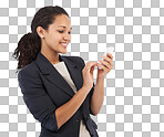 Phone, studio and black woman typing business email, reading news or doing internet, web or online search. Website, smartphone user and corporate employee girl with digital mobile on isolated on a png background