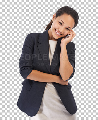 A Business woman, phone call and portrait of a woman feeling happy about mobile conversation.black woman making job contact for marketing vision and working smile isolated on a png background