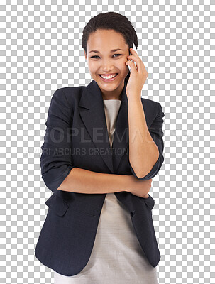 Communication, phone call and portrait of a black woman feeling success from mobile conversation. mobile phone and employee contact marketing career with happy smile and isolated on a png background