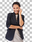 Communication, phone call and portrait of a black woman feeling success from mobile conversation. mobile phone and employee contact marketing career with happy smile and isolated on a png background