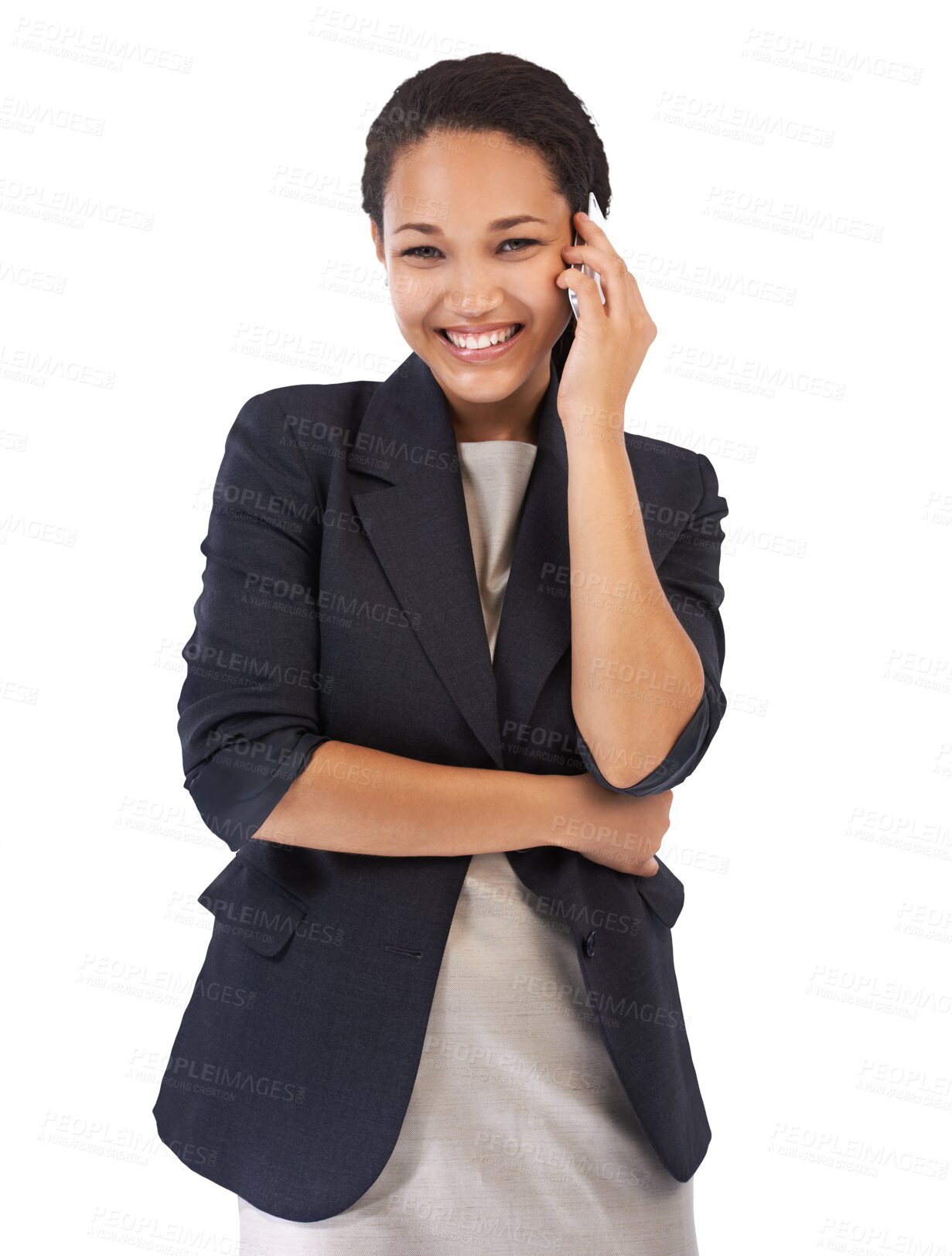 Buy stock photo Phone call, business and portrait of happy woman isolated on transparent png background. Face, smile and lady worker excited for conversation, deal or confident about negotiation discussion or career