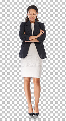 Woman, corporate portrait and arms crossed for vision, success and suit. Black woman, executive business leader and isolated professional with focus for motivation for goal isolated on a png background