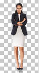 Woman, corporate portrait and arms crossed for vision, success and suit. Black woman, executive business leader and isolated professional with focus for motivation for goal isolated on a png background